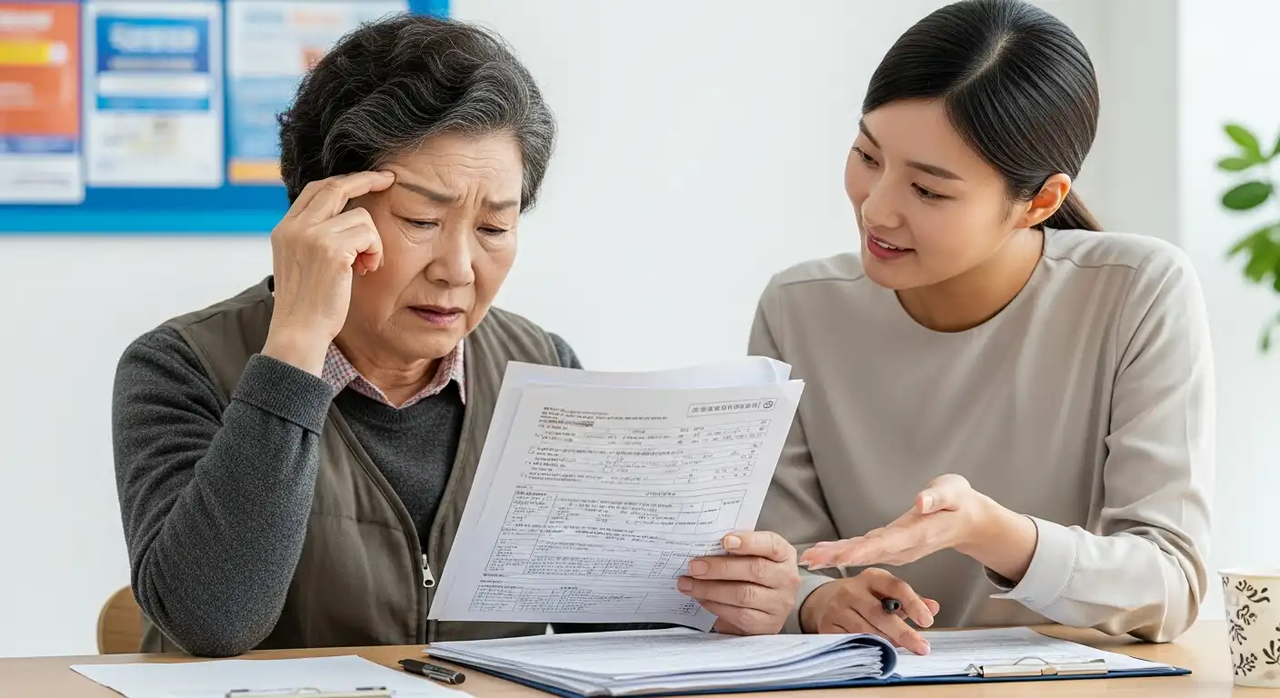 노인 빈곤 해소, 2025년 <b>기초생활수급 노인 생계급여 지급</b>! 꼭 알아야 할 5가지 핵심 변화 💡 2 복잡한 복지 제도 서류를 보며 고민하는 한국인 노인과 이를 돕는 사회복지사
