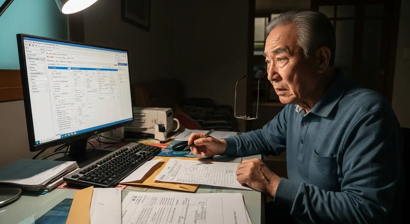 서류 작업을 하는 나이 든 한국인 여성