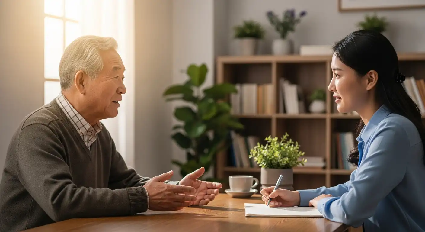 한국인 사회복지사와 이야기하는 나이 든 한국인 남성