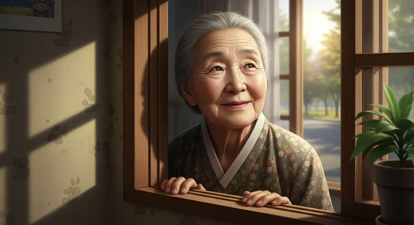 미래에 대해 희망을 느끼는 나이 든 한국인 여성