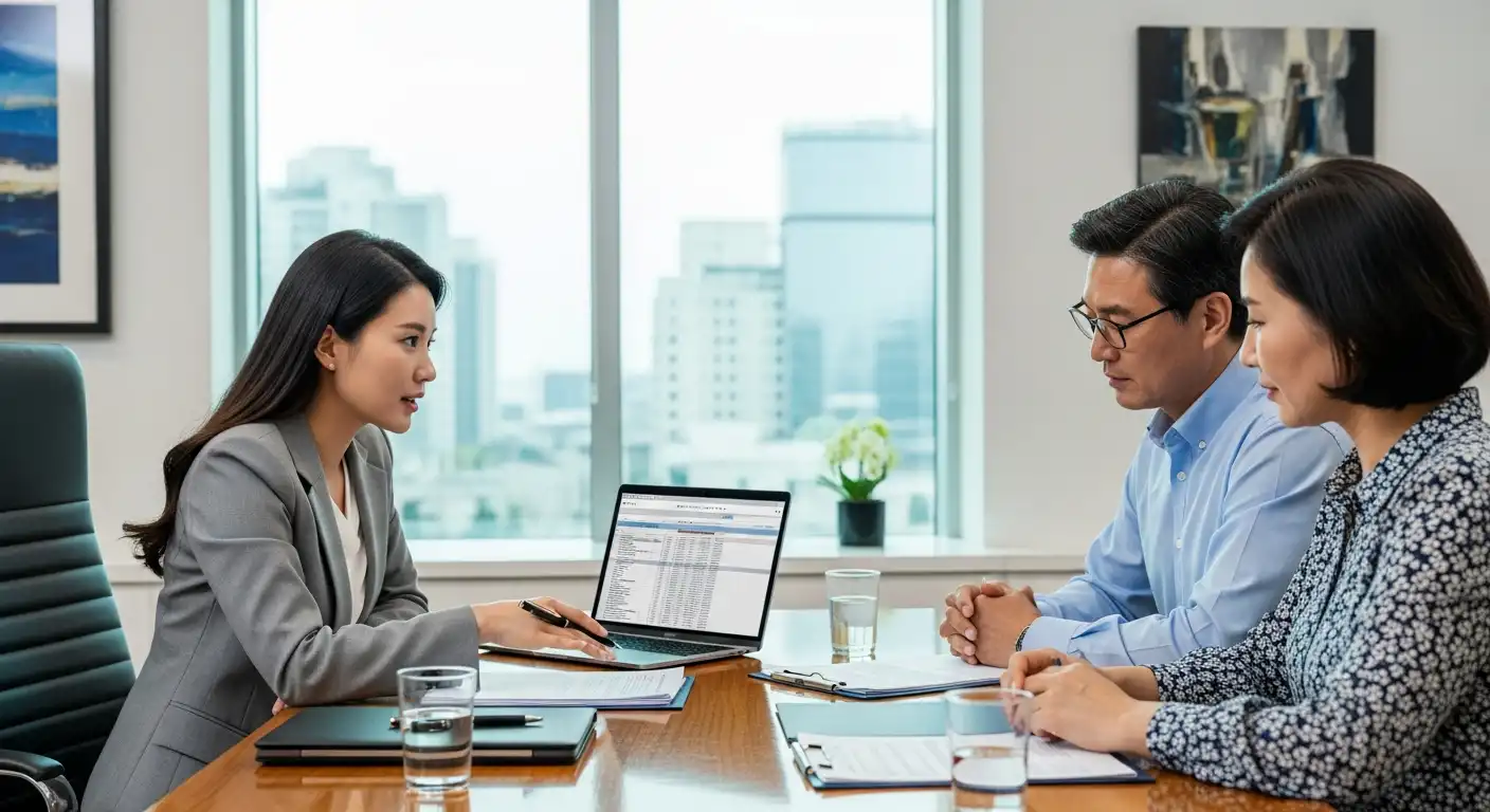 국민연금 분할연금 제도 서류를 살펴보는 한국인 부부