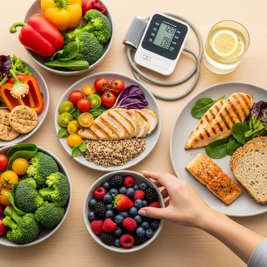 고혈압 약 복용법과 생활습관 개선: 혈압 관리 성공을 위한 7가지 핵심 전략 3 고혈압 생활습관 개선을 위한 건강한 식단과 혈압계 이미지