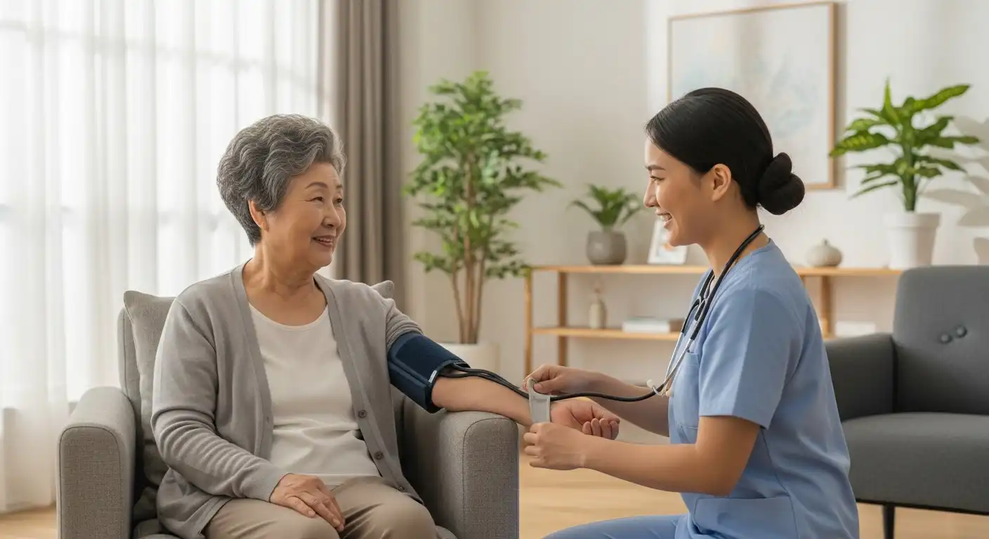 재택의료센터에서 방문한 간호사에게 진료를 받는 한국인 어르신