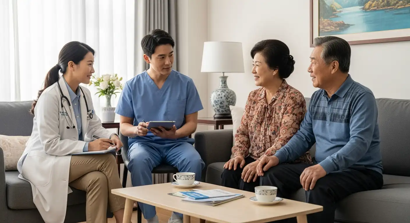 재택의료센터 의료진이 한국인 어르신 부부에게 방문진료 설명을 하는 모습