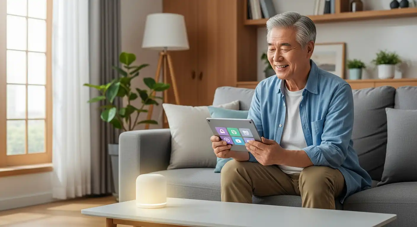 스마트 기술을 활용하여 돌봄 서비스를 받는 한국인 어르신, 장기요양 재가급여