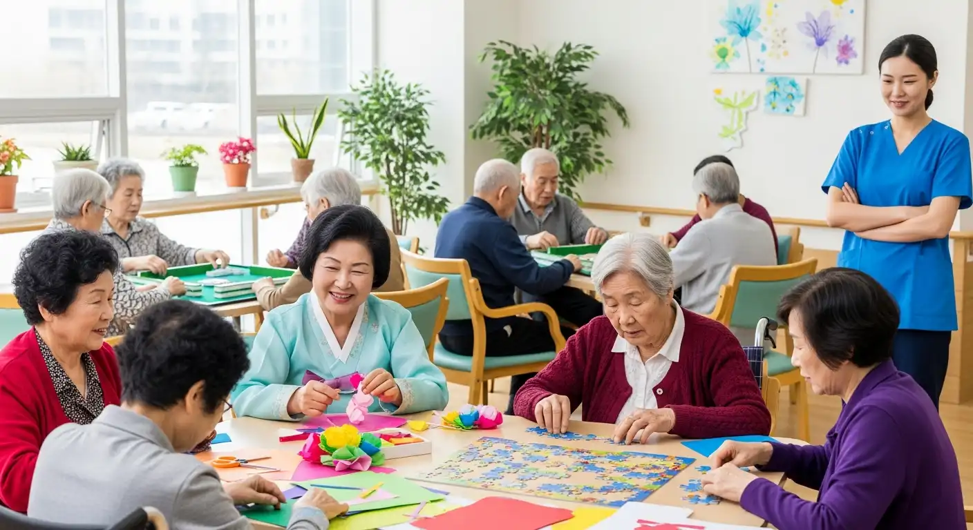 주야간보호 센터에서 활발하게 활동하는 한국인 어르신들, 장기요양 재가급여