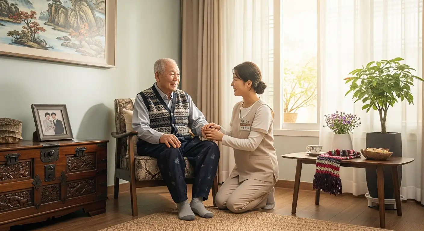 집에서 편안하게 돌봄을 받는 한국인 어르신, 장기요양 재가급여 월 한도액 인상