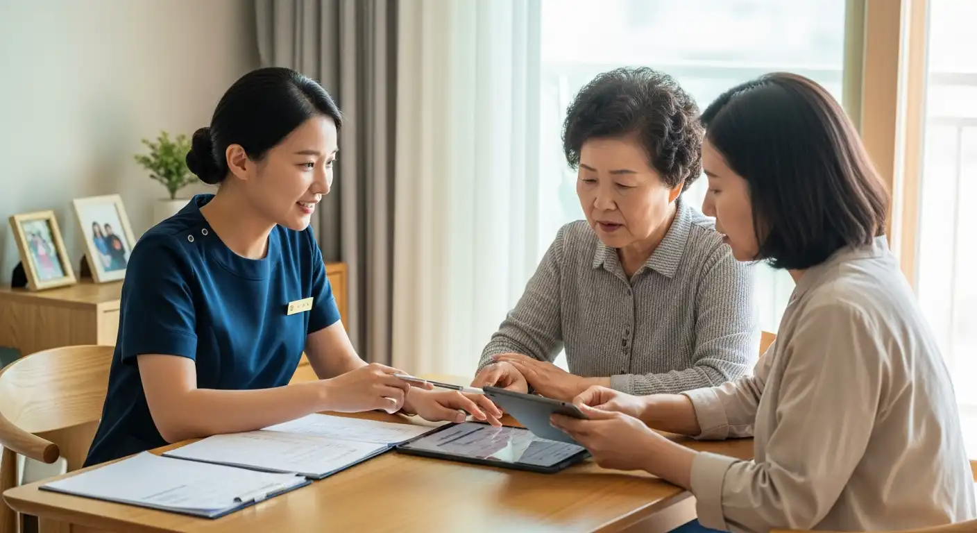 국민건강보험공단 직원이 장기요양 등급 신청 서류를 설명하는 모습