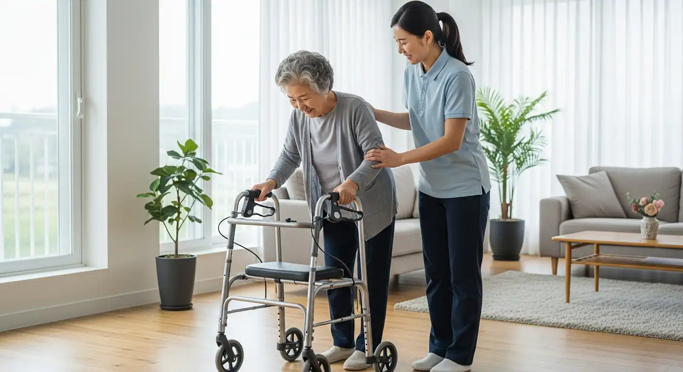 복지용구(워커)를 이용하는 어르신, 장기요양 혜택으로 편안한 이동