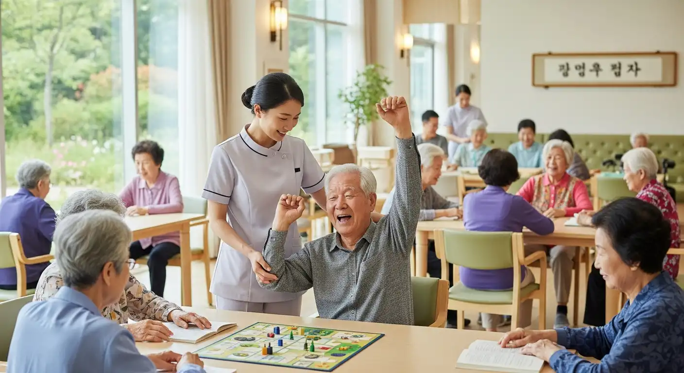 쾌적한 요양시설에서 즐겁게 활동하는 어르신들, 장기요양 시설급여 이용 모습