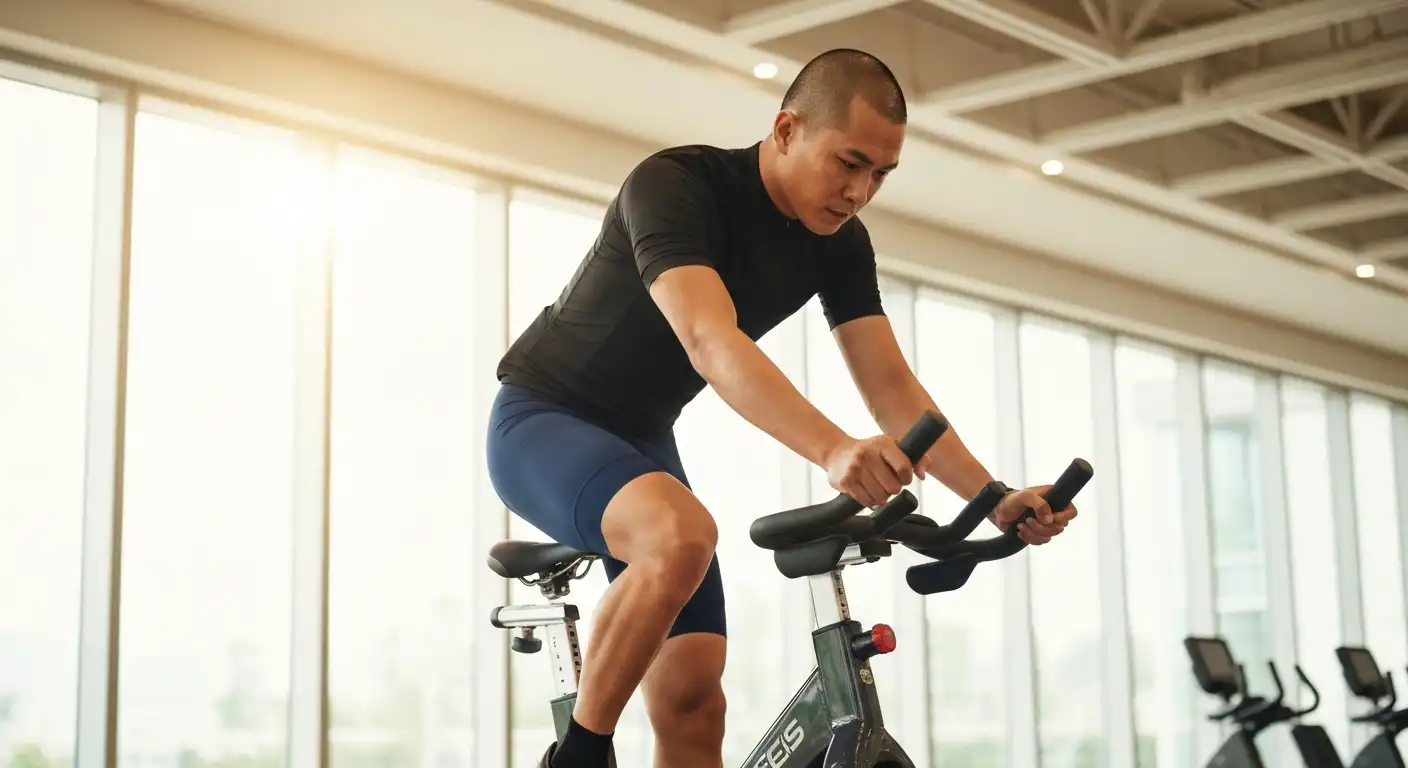 무릎에 좋은 저충격 운동으로 실내 자전거를 타는 모습