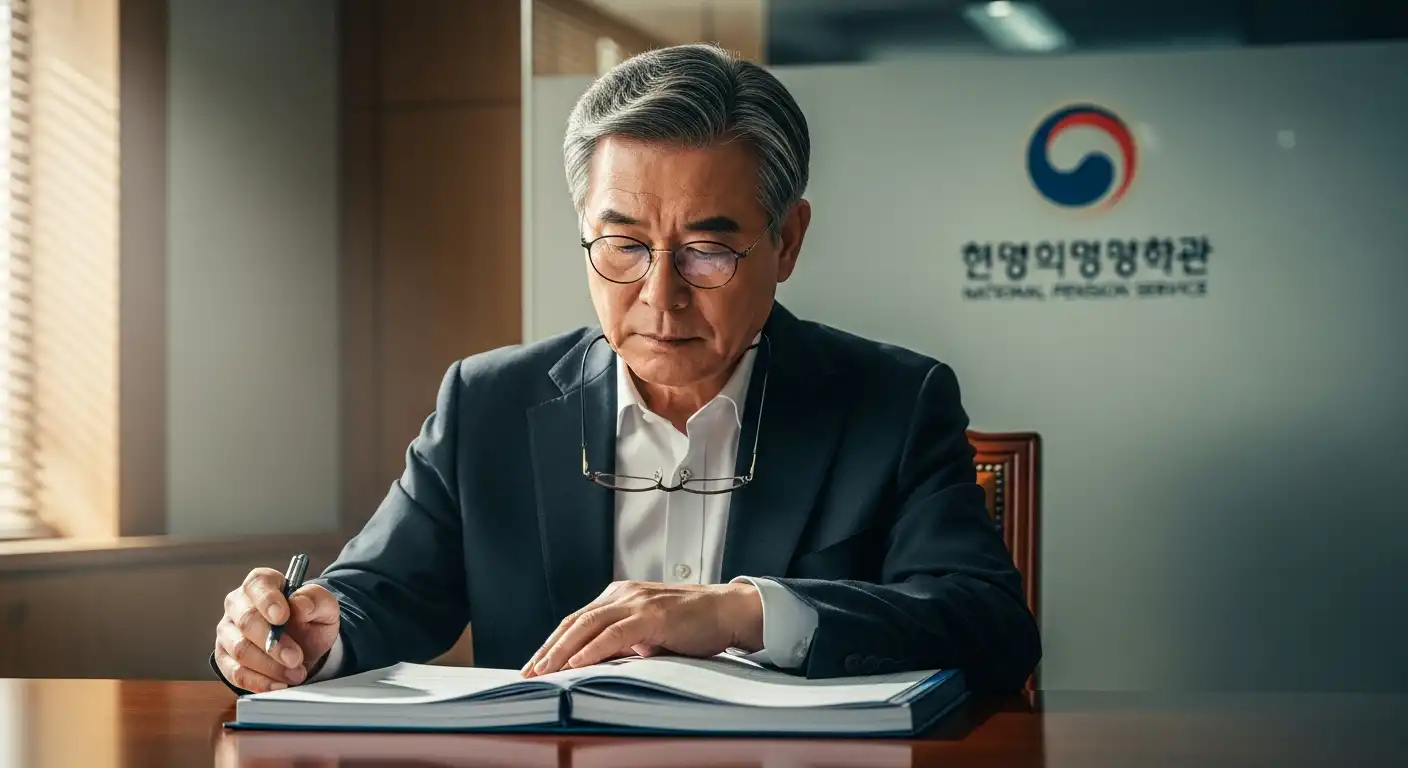 고민하는 한국인 노인과 국민연금 로고가 배경에 보이는 이미지