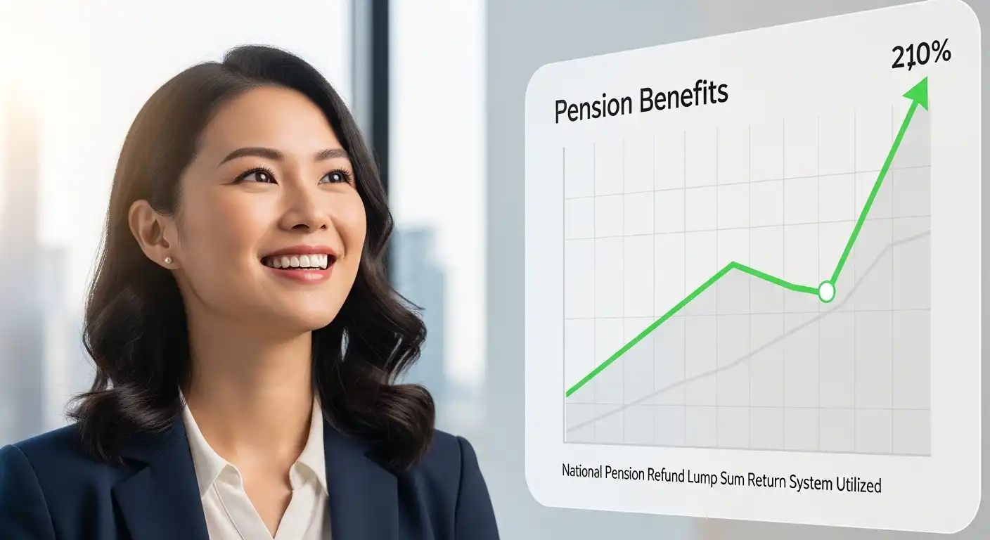 국민연금 반환일시금 반납 제도의 이점을 보여주는 그래프와 웃는 얼굴의 한국인 여성