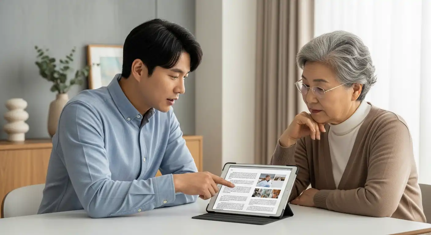 요양원 입소 지원 결정에 대해 고민하는 한국인 가족들의 모습