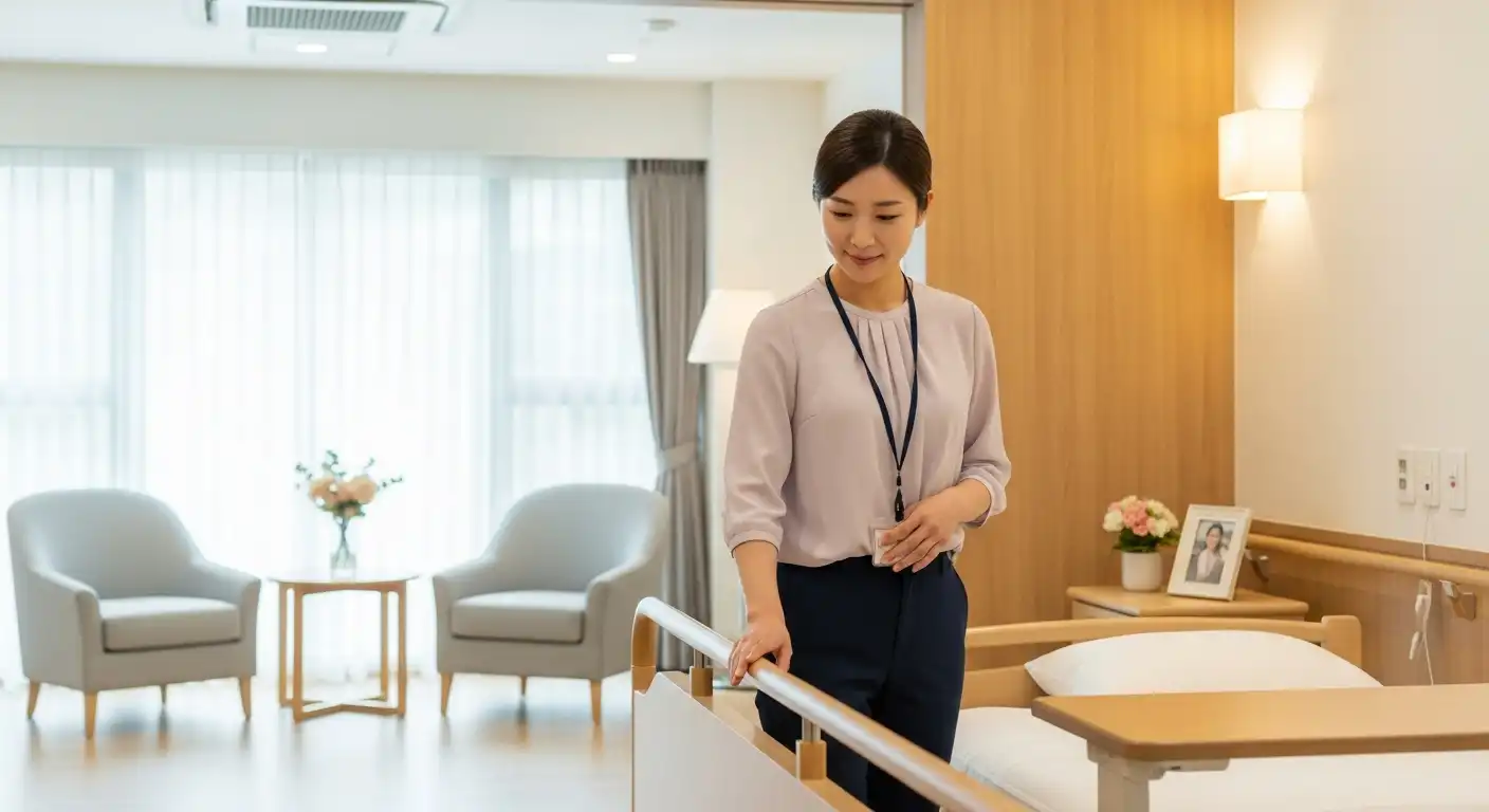 요양원 입소 지원을 위해 요양 시설을 꼼꼼히 살펴보는 한국인 보호자