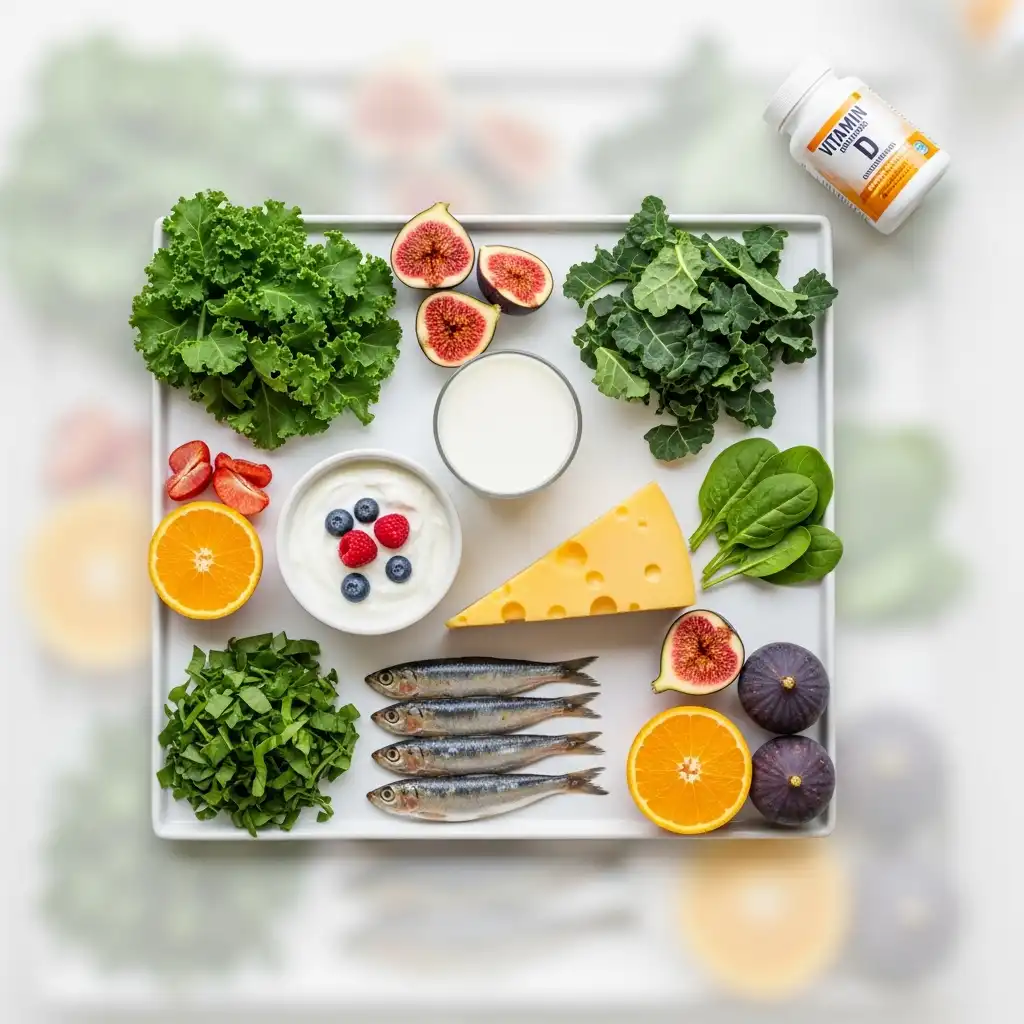골다공증 예방을 위한 7가지 칼슘 섭취 전략 완벽 가이드 3 골다공증 예방을 위한 건강한 식단과 영양제 이미지