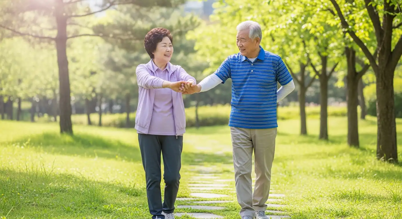 건강한 손발 관절 건강을 위해 운동하는 한국인 노인 부부와 류마티스 관절염 예방