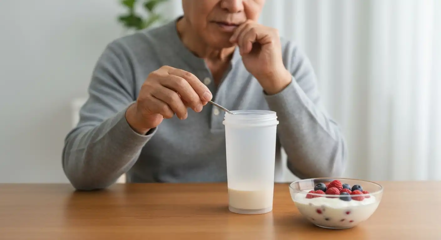 노년기 단백질 권장량을 보여주는 보충제와 음식