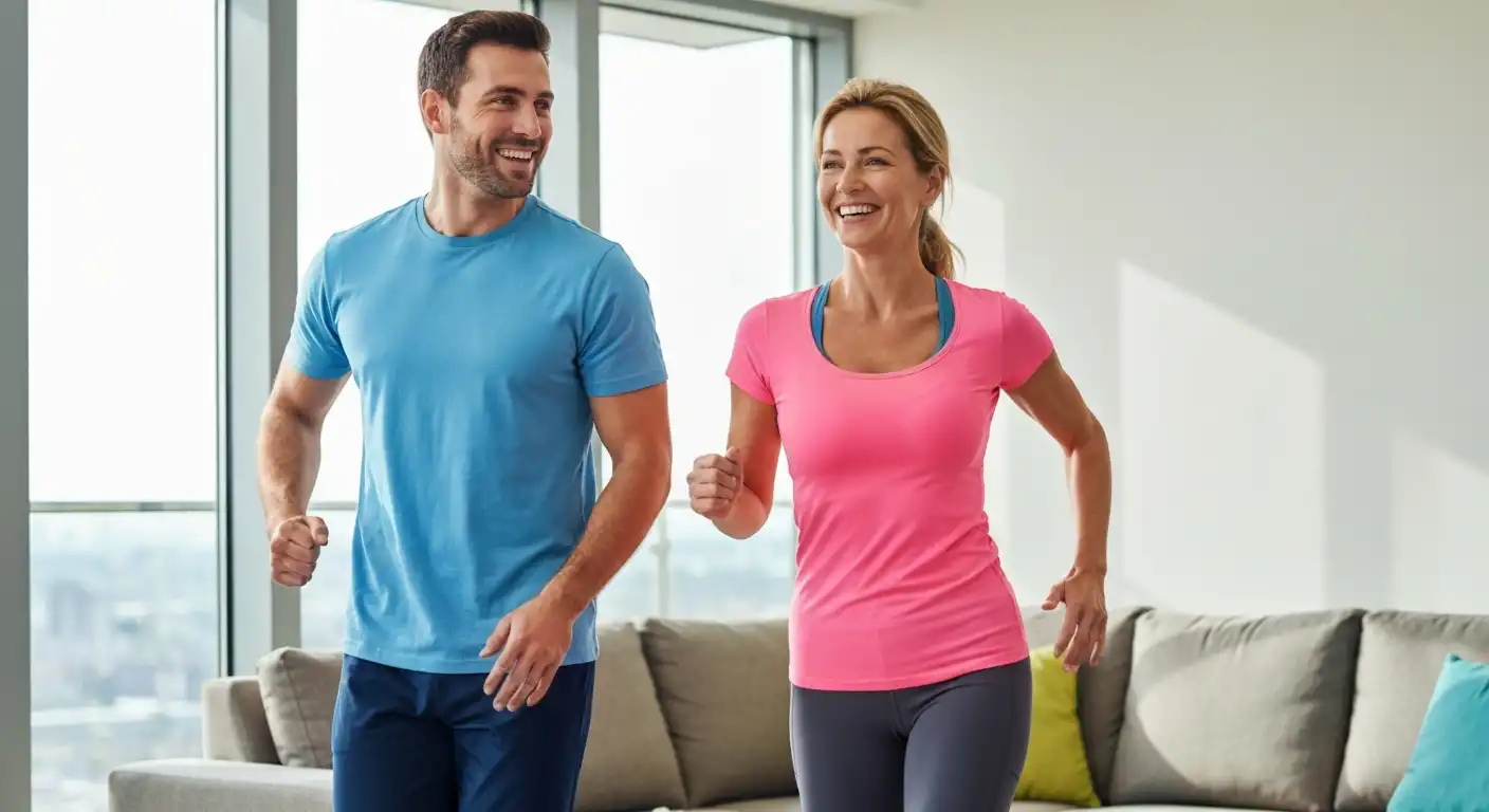 행복하게 시니어 맞춤 스쿼트 자세를 준비하는 한국인 노년 부부