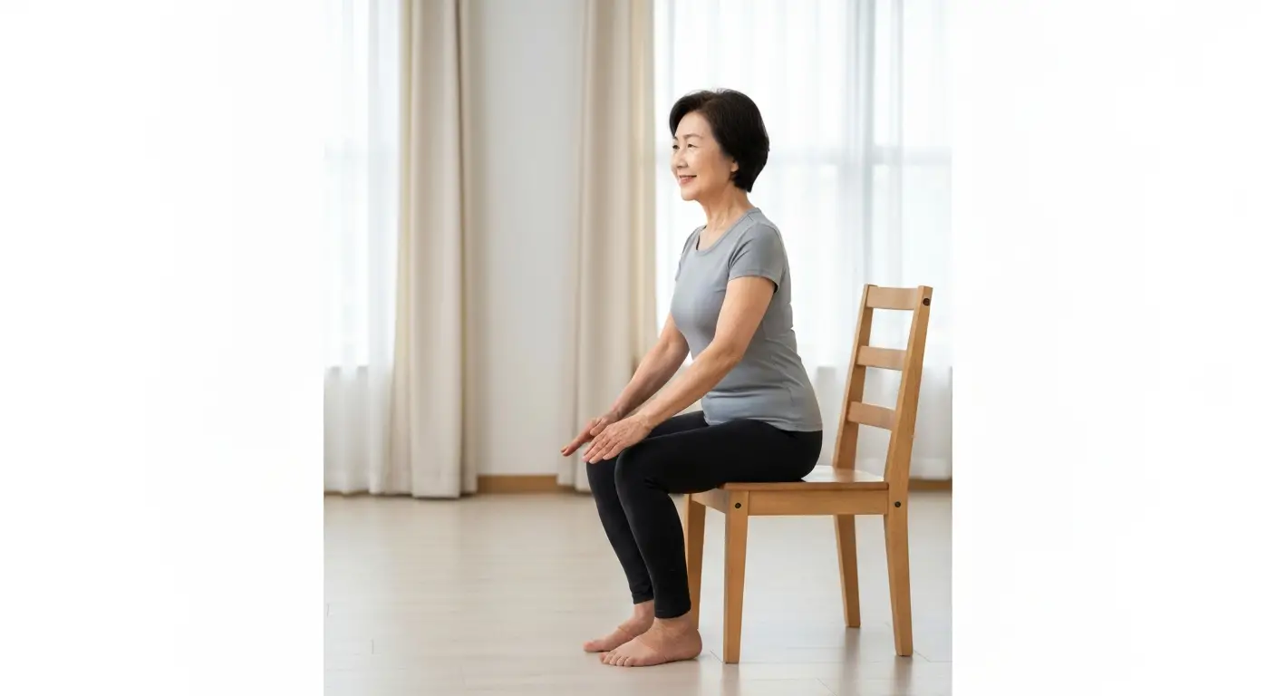 안전하게 의자 스쿼트를 하는 한국인 시니어 여성의 시니어 맞춤 스쿼트 자세