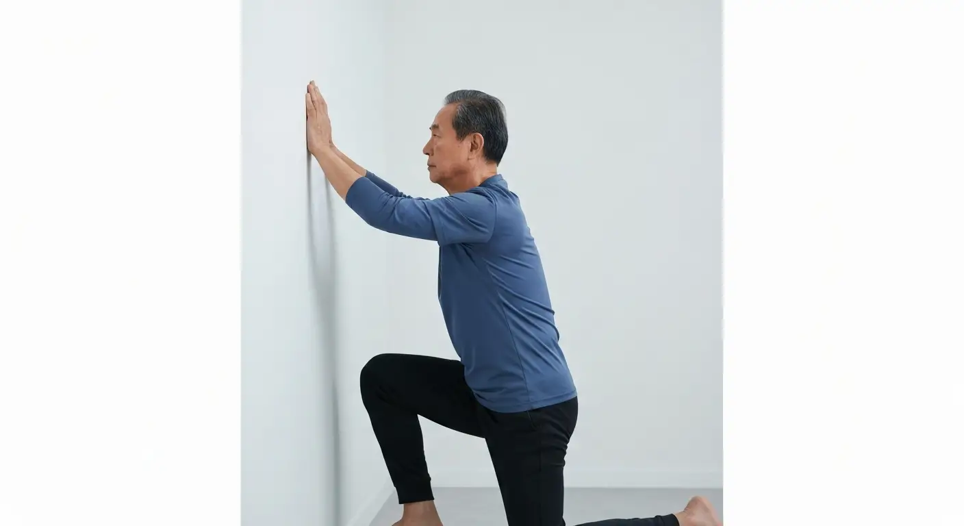무릎 보호를 위한 벽 스쿼트를 하는 한국인 시니어 남성