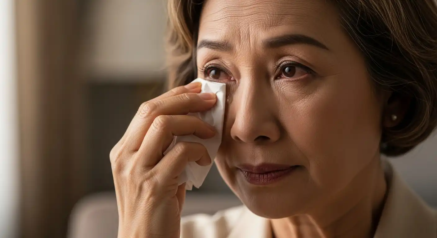 안구건조증으로 눈물을 닦는 시니어 여성