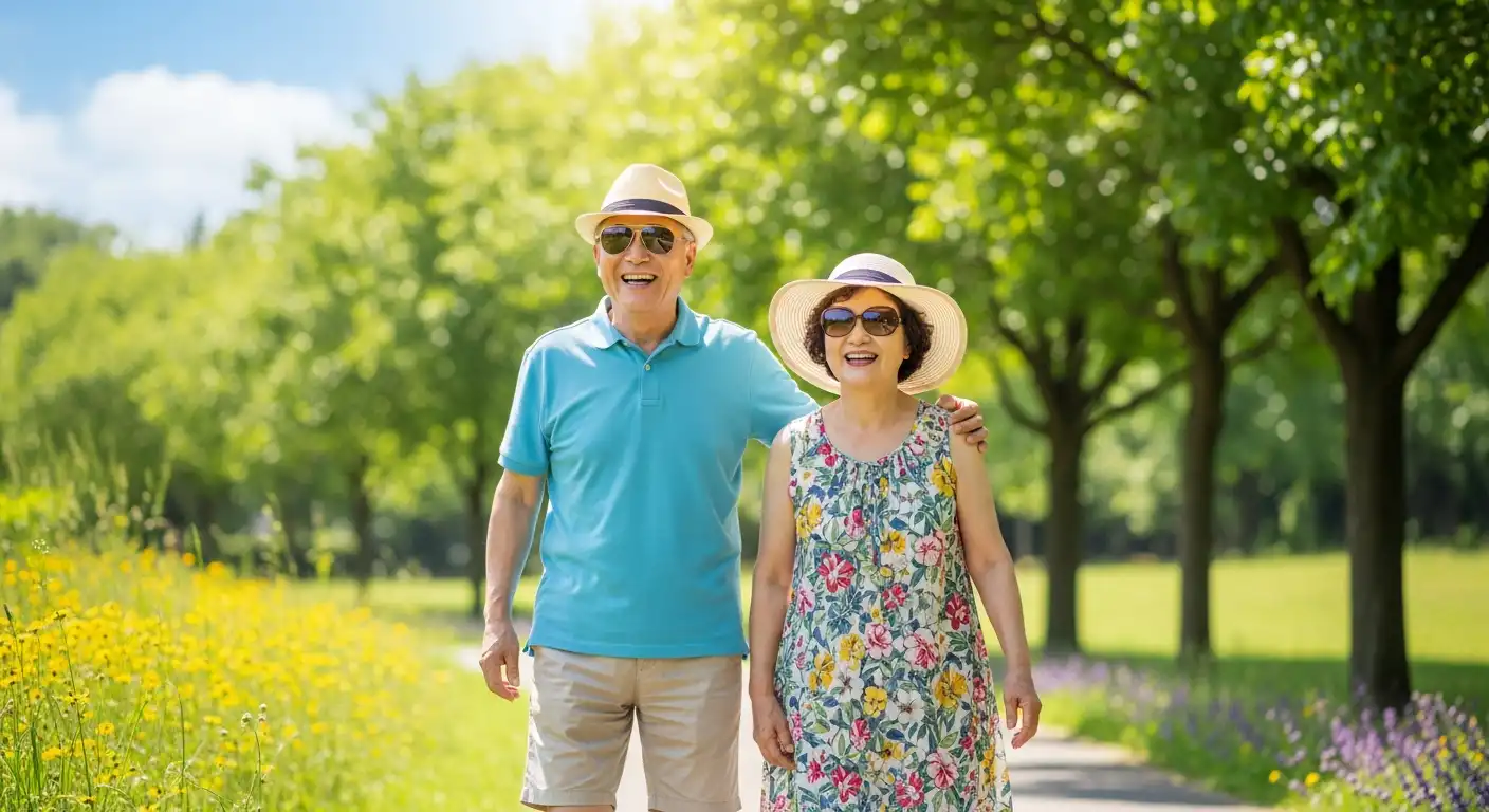 건강한 시니어가 눈 건강을 위해 야외 활동을 하는 모습