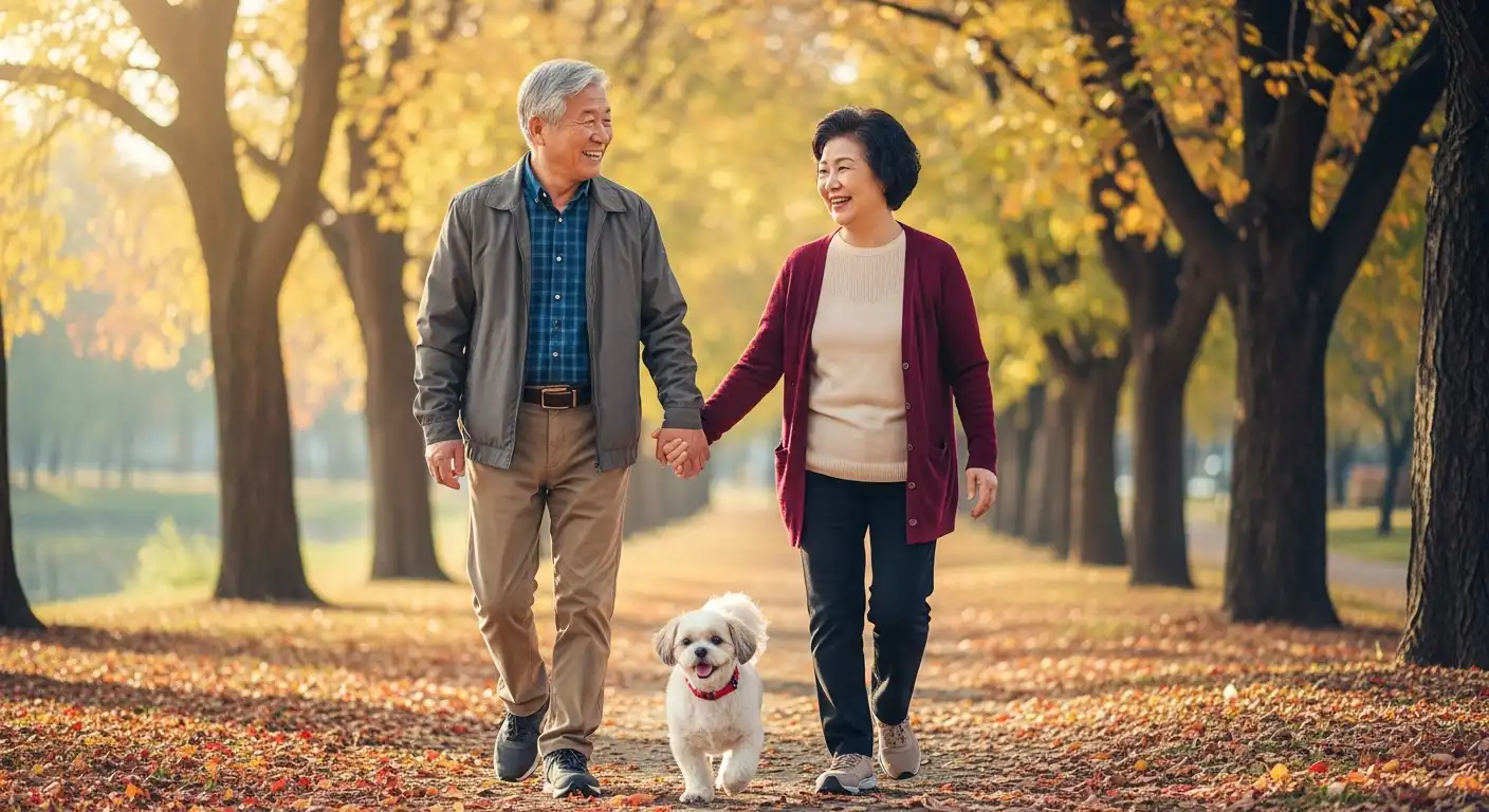 시니어 반려동물 정서 건강을 위해 산책하는 노년층 한국인 부부
