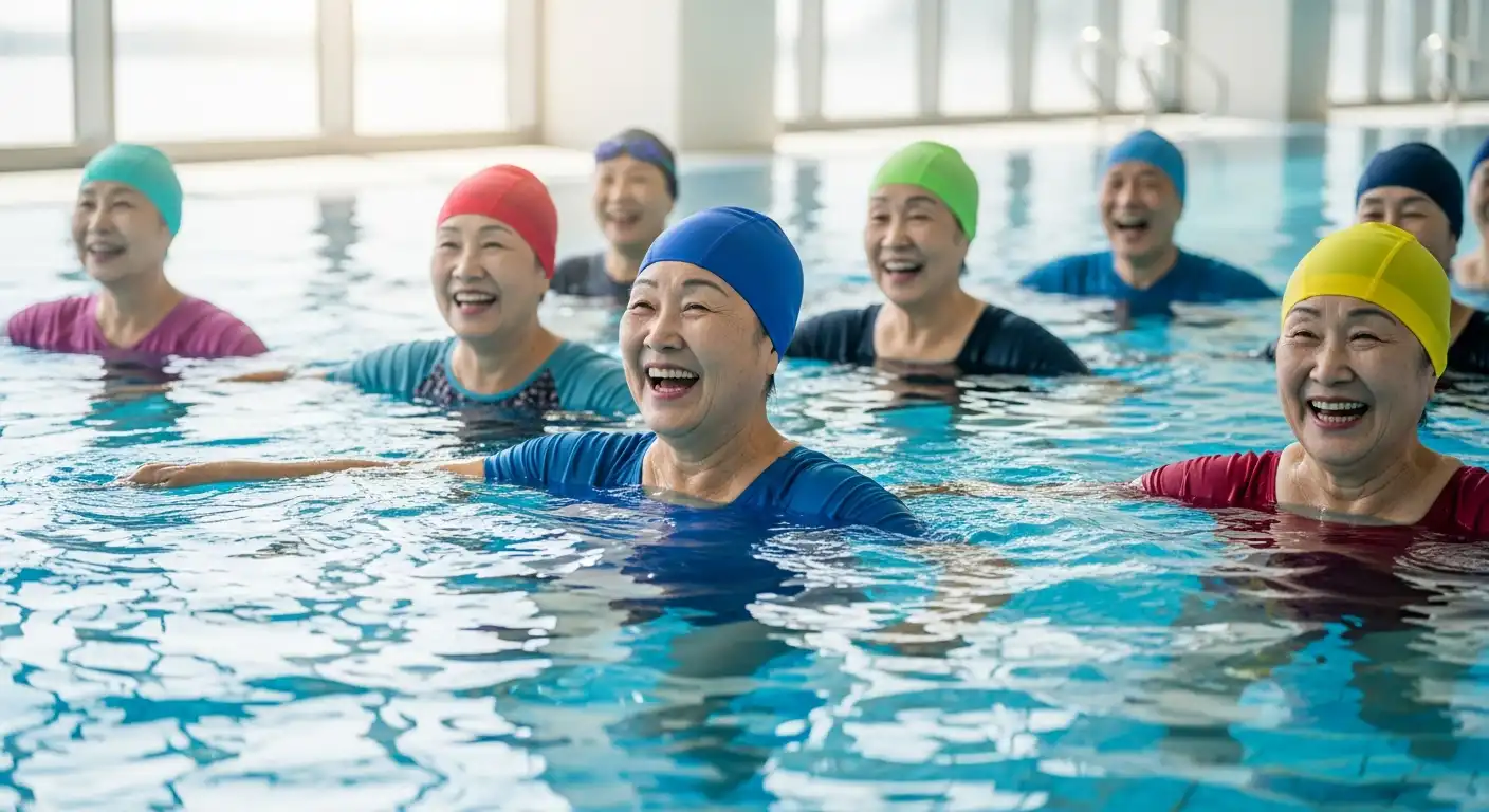 시니어 수영의 즐거움과 건강 효과를 보여주는 수영장에서 밝게 웃고 있는 한국인 시니어 여성들.