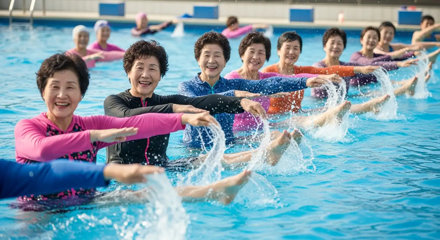 아쿠아 운동 수업에서 활기차게 운동하는 한국인 시니어 여성들.