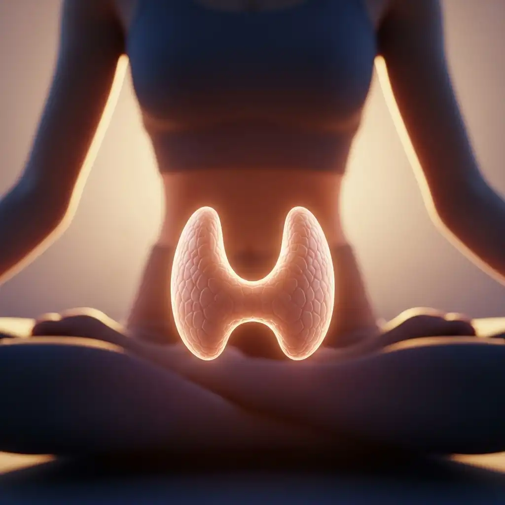 갑상선 호르몬 관리를 상징하는 건강한 갑상선과 평화로운 사람의 모습